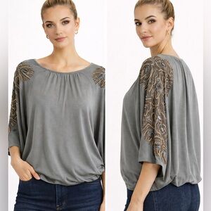Anthropologie Beaded Butterfly Sleeve Top